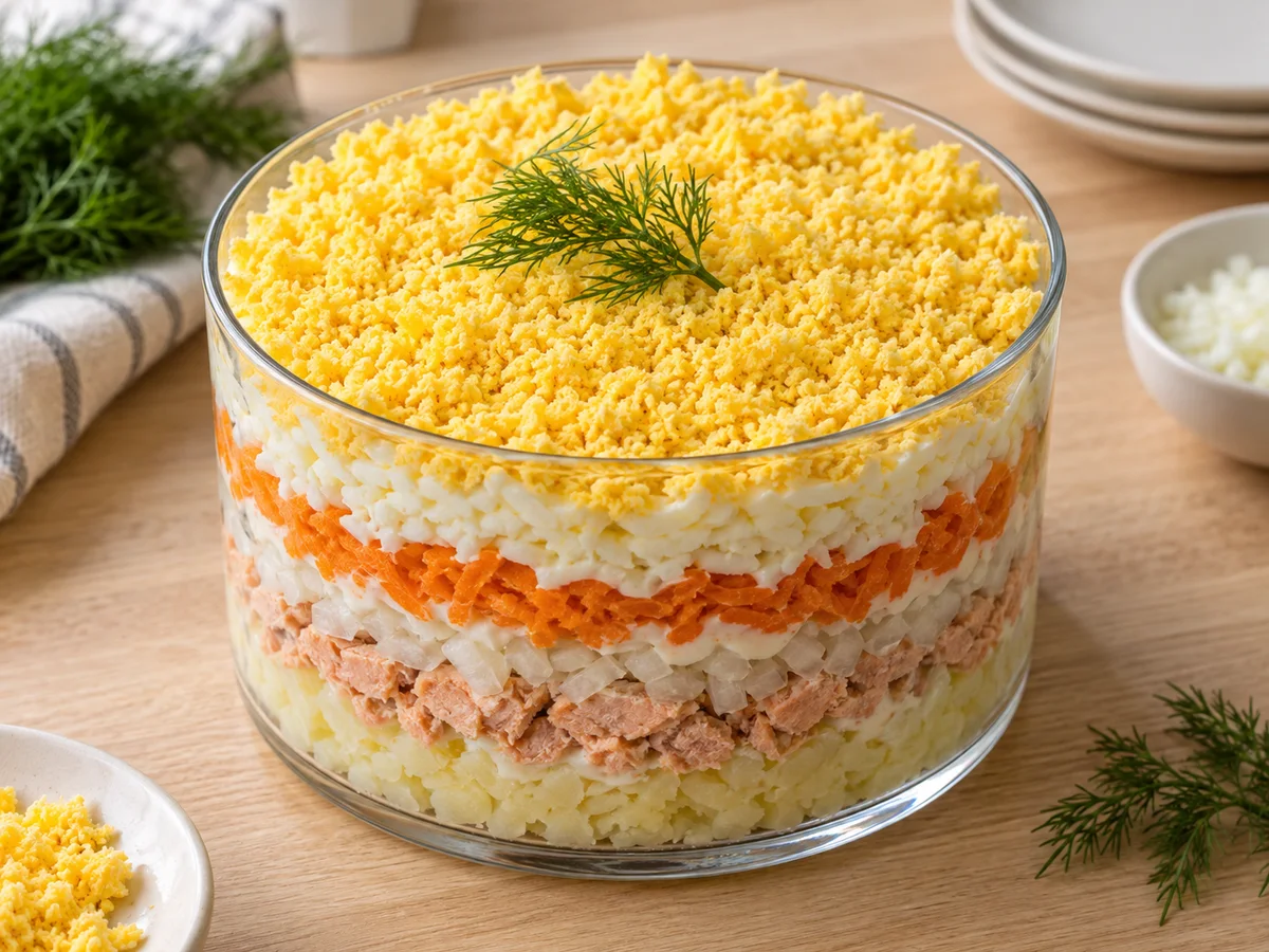 Салат Мимоза с горбушей, картофелем и морковью
