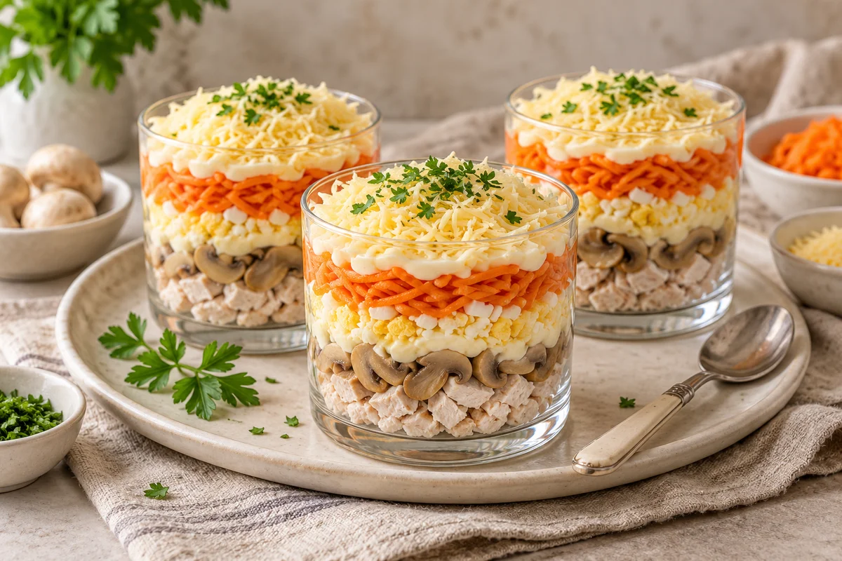 Слоёный салат с курицей, грибами, морковью и сыром в порционных прозрачных стаканах