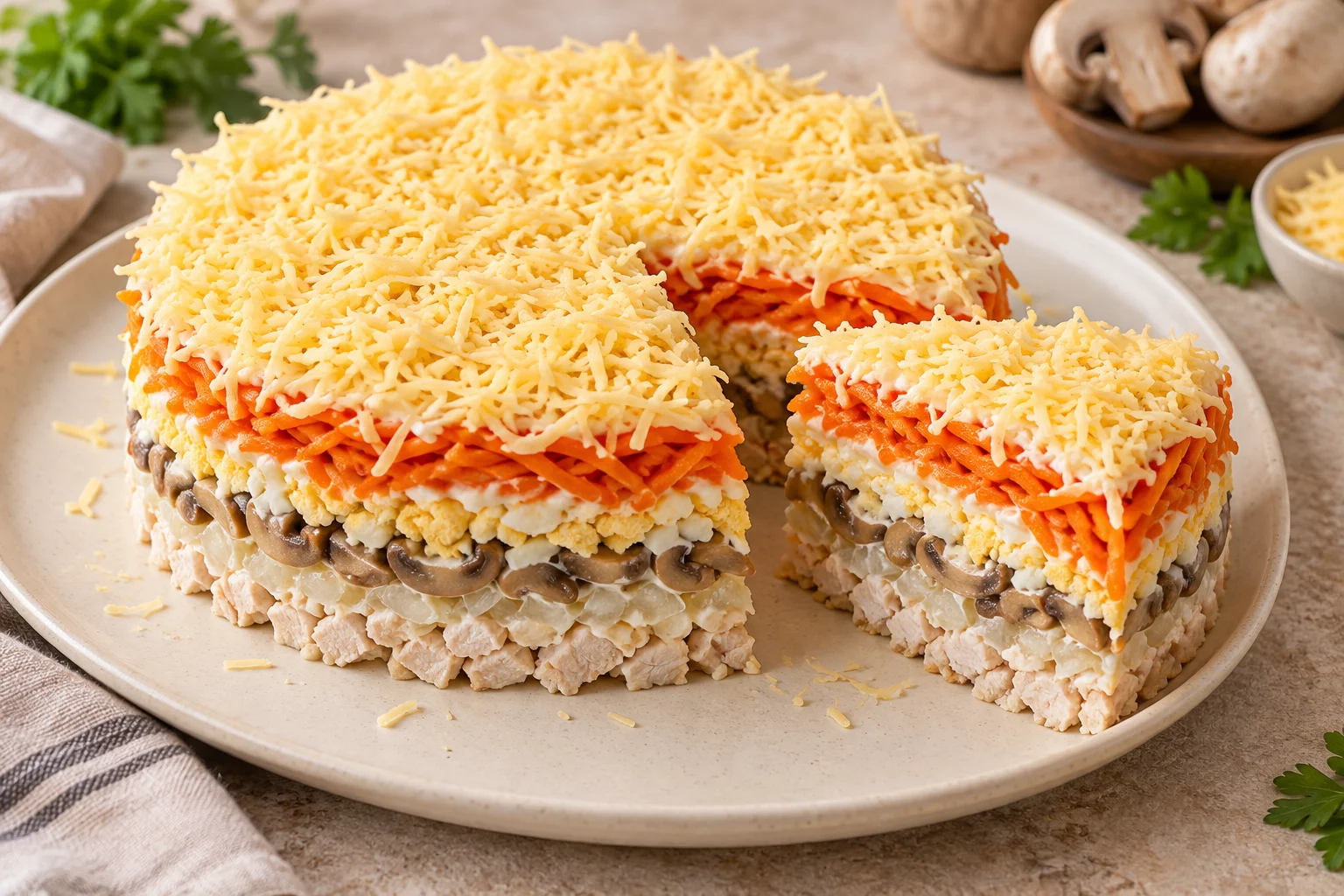 Слоёный салат «Мужские слёзы» с курицей, грибами, корейской морковью и тёртым сыром в разрезе
